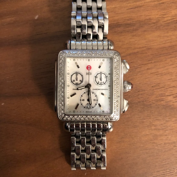Michele Deco Stainless Diamond Watch with Mother of Pearl and Chronograph - Picture 1 of 4